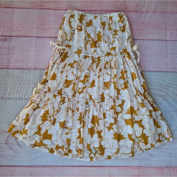 Anthro Mon Renn Magnolia Floral White and Yellow Women's Tiered Midi Skirt Large - Picture 1 of 6